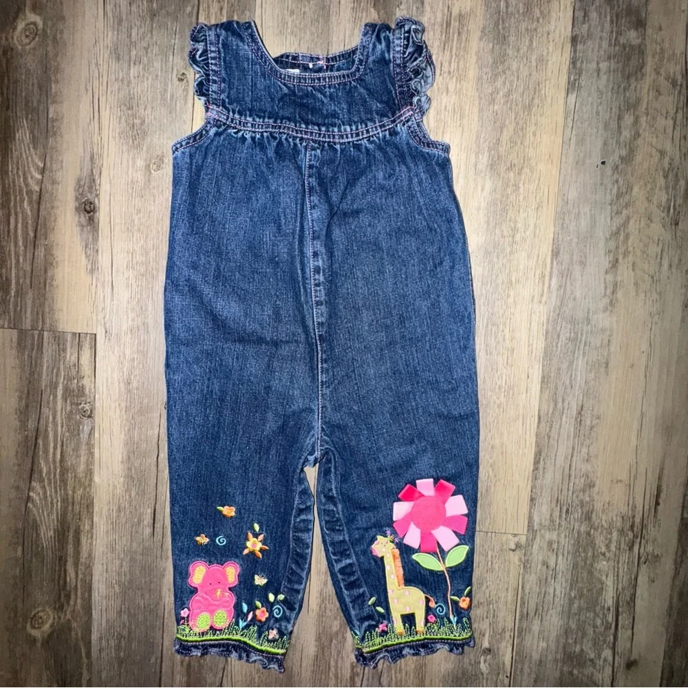 Vintage Talbots Kids Denim Romper with Pink and Green Embroidery